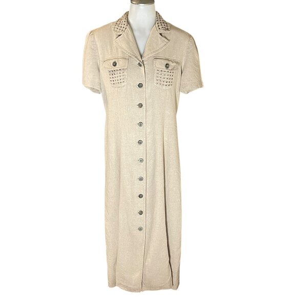 John Roberts Beige Button-Down Midi Dress Size 10 Linen/Rayon Blend Woven Trim S - Picture 1 of 15